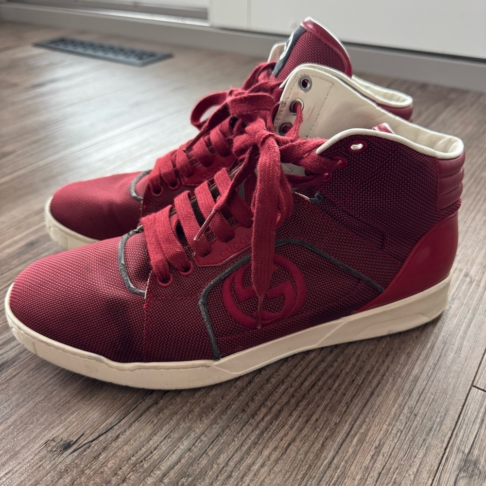 Gucci Men's 309517 Signature Red Burgundy High-Top Sneakers Size 7.5 - Picture 2 of 8